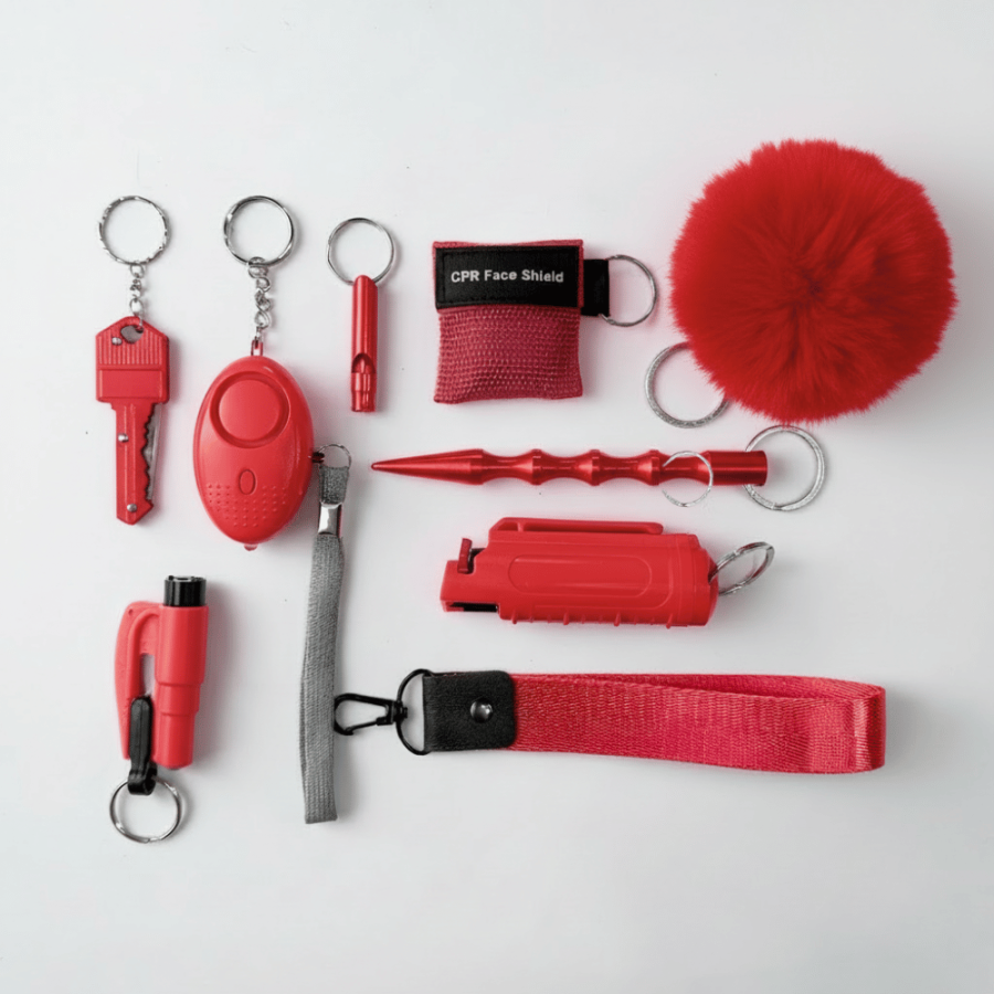 Duży zestaw akcesoriów do samoobrony w kolorze czerwonym Duży zestaw akcesoriów do samoobrony w kolorze czerwonym