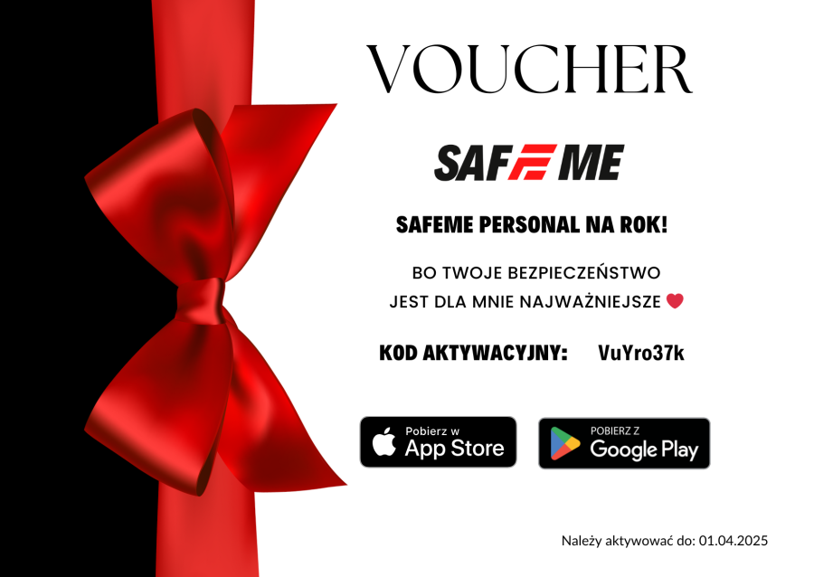 Papierowy voucher na roczny dostęp do SafeMe – elegancki i praktyczny prezent dla osób dbających o swoje bezpieczeństwo.