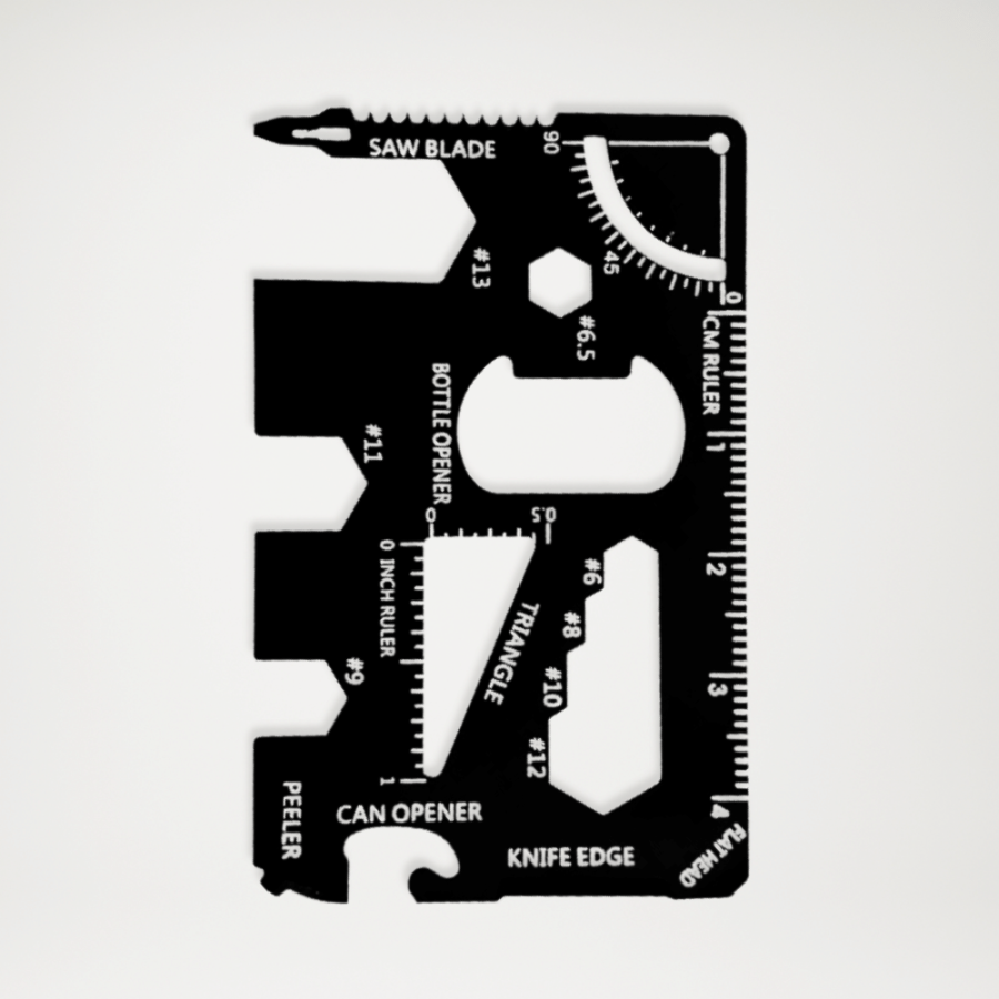 Karta multitool ze stali nierdzewnej – widok z przodu, produkt o wymiarze karty kredytowej