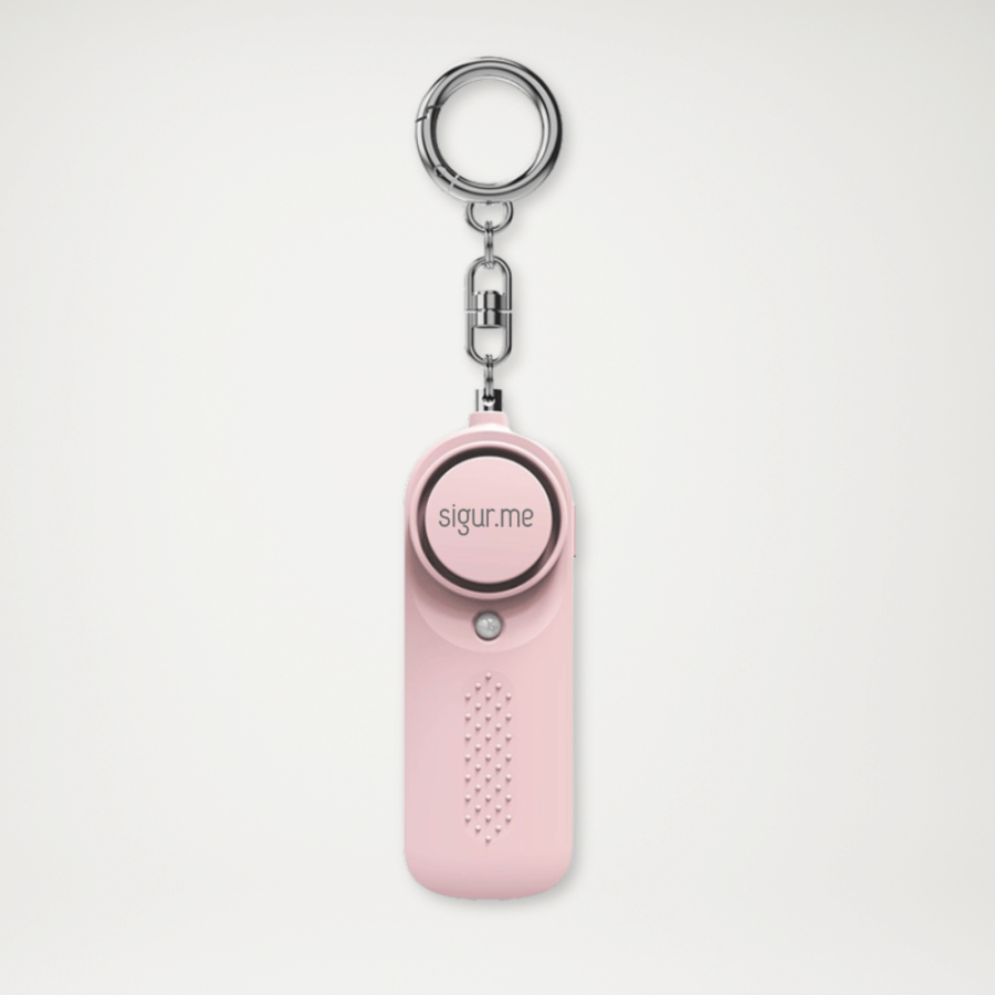 Alarm osobisty z latarką podłużny na breloku różowy