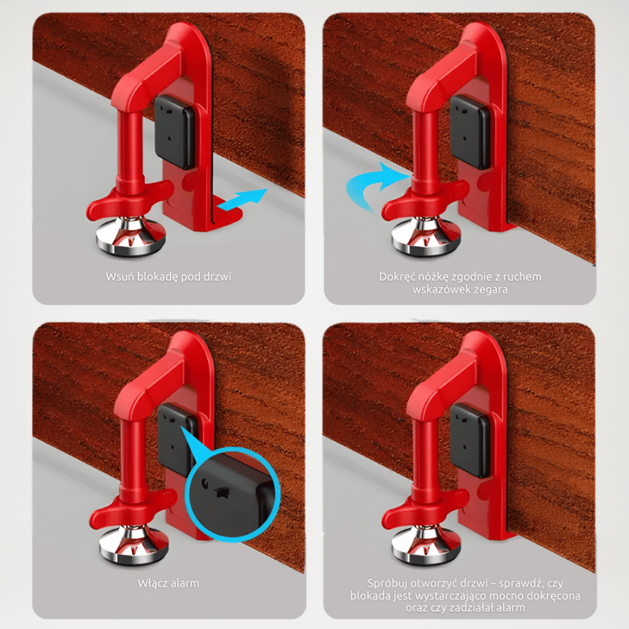 Stalowa blokada pod drzwi z alarmem - instrukcja użycia